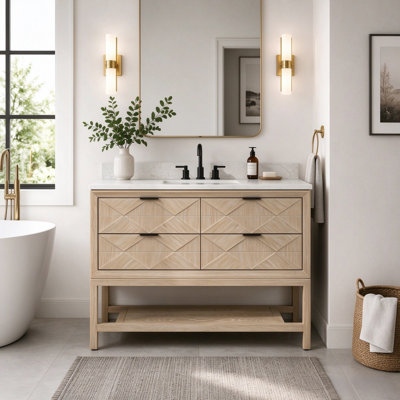 Meuble-lavabo autoportant 48 po en bois massif avec plateau en marbre d'ingénierie