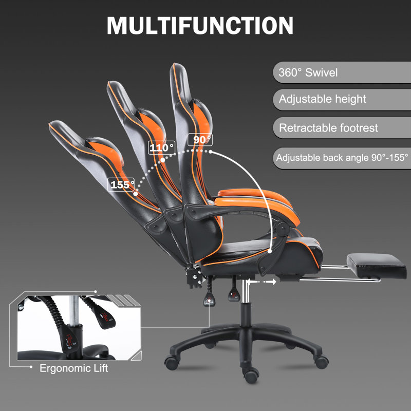Wrought Studio™ Adjustable Reclining Leather Swiveling PC & Racing Game Chair, Black/Orange