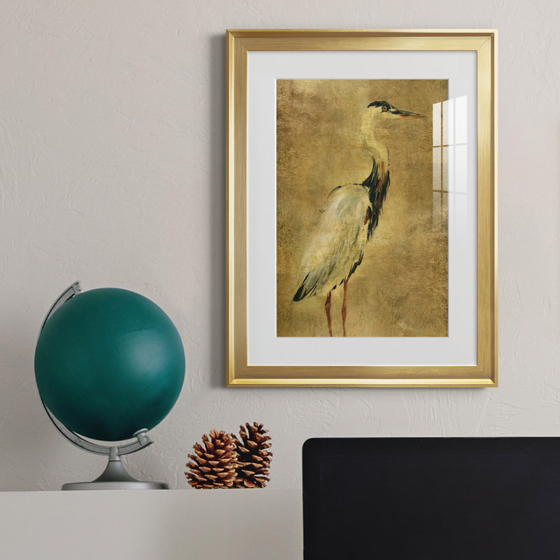 «Gold Crane at Dusk I», peinture sur toile encadrée, Or, H 18,5 po x l 24,5 po x P 1,5 po