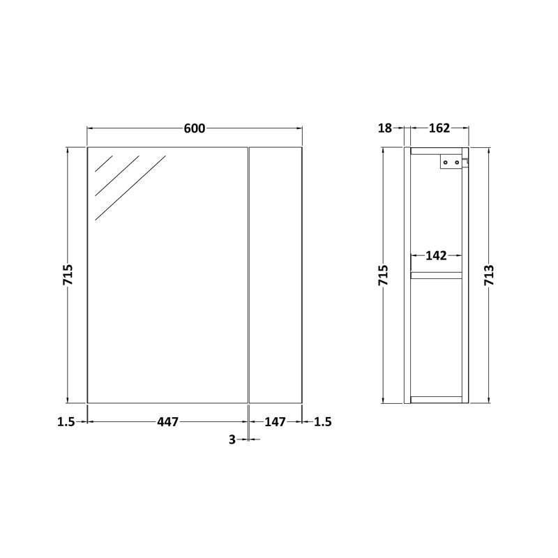 600mm W 715mm H Surface Medicine Cabinet Mirror 1 Adjustable, Charcoal Black