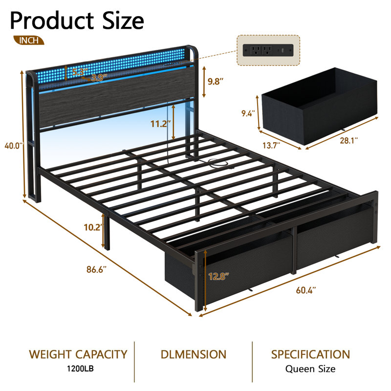 Bed Frame with Storage Headboard, Metal Platform Bed Frame, LED Lights and Charging Station, Queen, With Drawer, Black