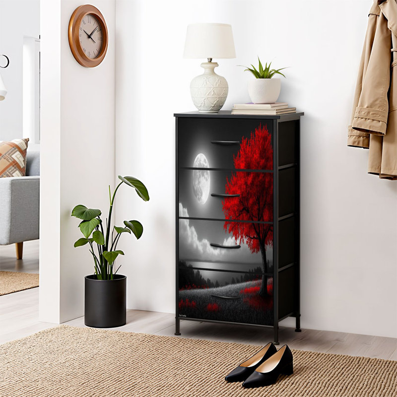 Commode pour commode de chambre à coucher pour garde-robe de chambre noire, blanche et rouge, arbre, lune, paysage