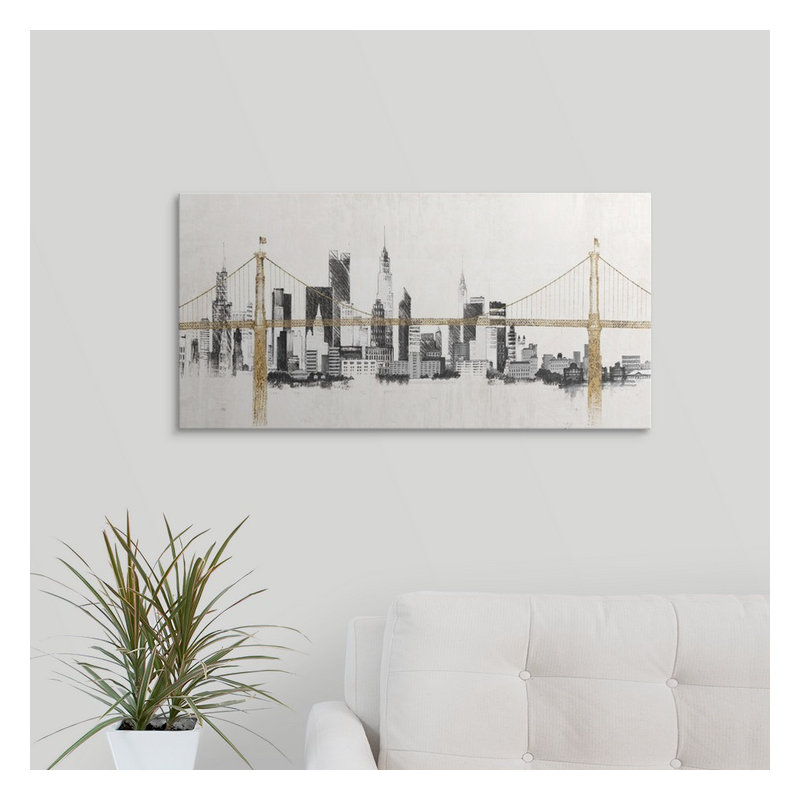 «Bridge and Skyline», impression d'art graphique Kiralynn, Cadre noir, H 20 po x l 32 po x P 1 po