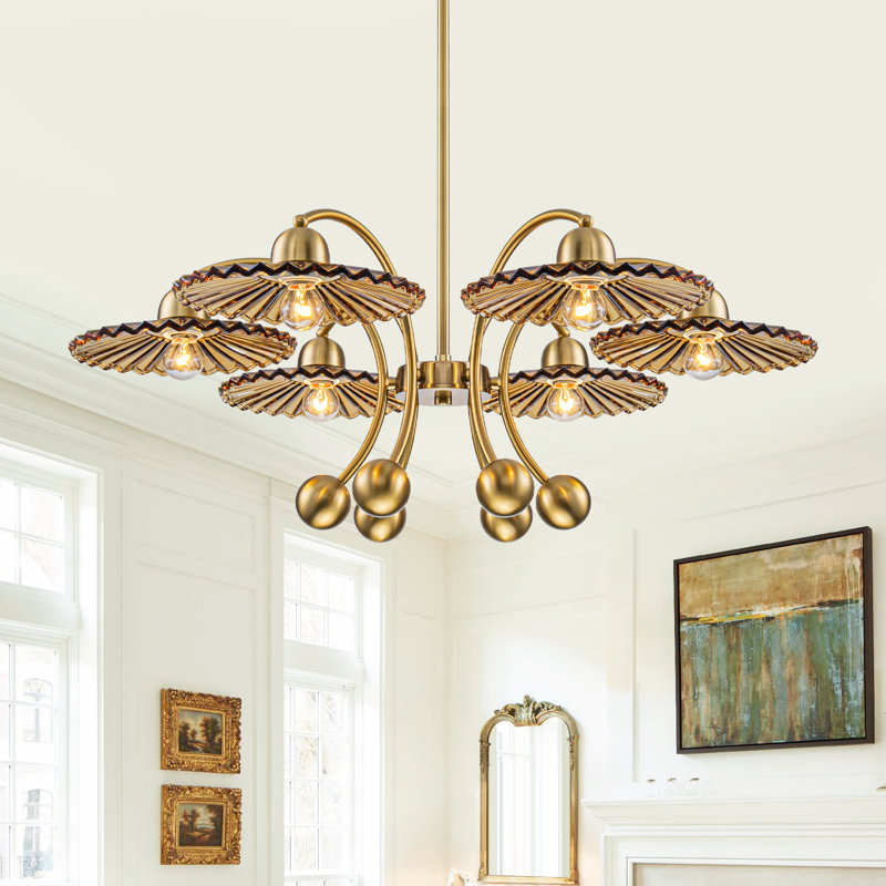 Lustre moderne en or brossé de 32 po, 6 lumières en forme de C avec abat-jour en verre à thé plissé, hauteur réglable de 15 à 70 po pour la salle à manger et le salon