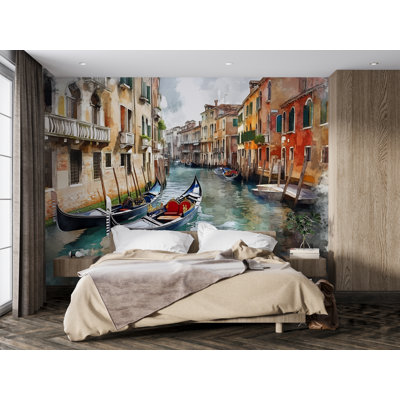 Murale canal de Venise en gondole - Papier peint aquarelle Italie pour chambre à coucher et salon Vn922 (Peel-N-Stick) VN922