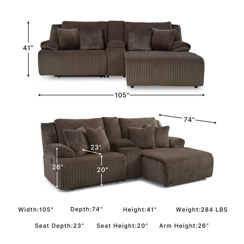 Canapé modulaire inclinable 3 pièces avec méridienne Matherly, Right Hand Facing, Brown Polyester
