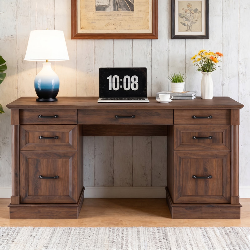 Arless 60" Farmhouse Executive Desk with Drawers, Wood Home Office Desk, File Drawer, Storage Cabinet, Rustic Brown