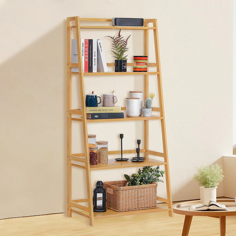 Barrelville Bamboo Ladder Bookcase Bookshelf Open Book Storage Shelf, (5 Shelves) 58.7" H x 27.2" W x 15" D