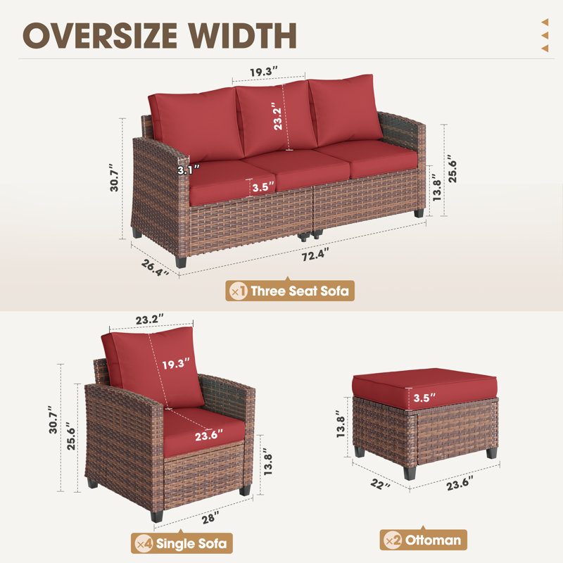 7-Person Outdoor Seating Group With Cushion, Red, Brown