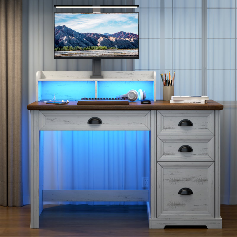 Bureau à domicile avec tiroirs et ports USB, table d'ordinateur d'écriture rustique avec lumière DEL, Blanc