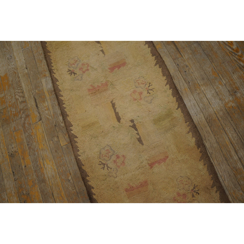 Vintage Mid Century Ivory Minimalist American Folk Art Hooked Narrow Hallway Runner Rug