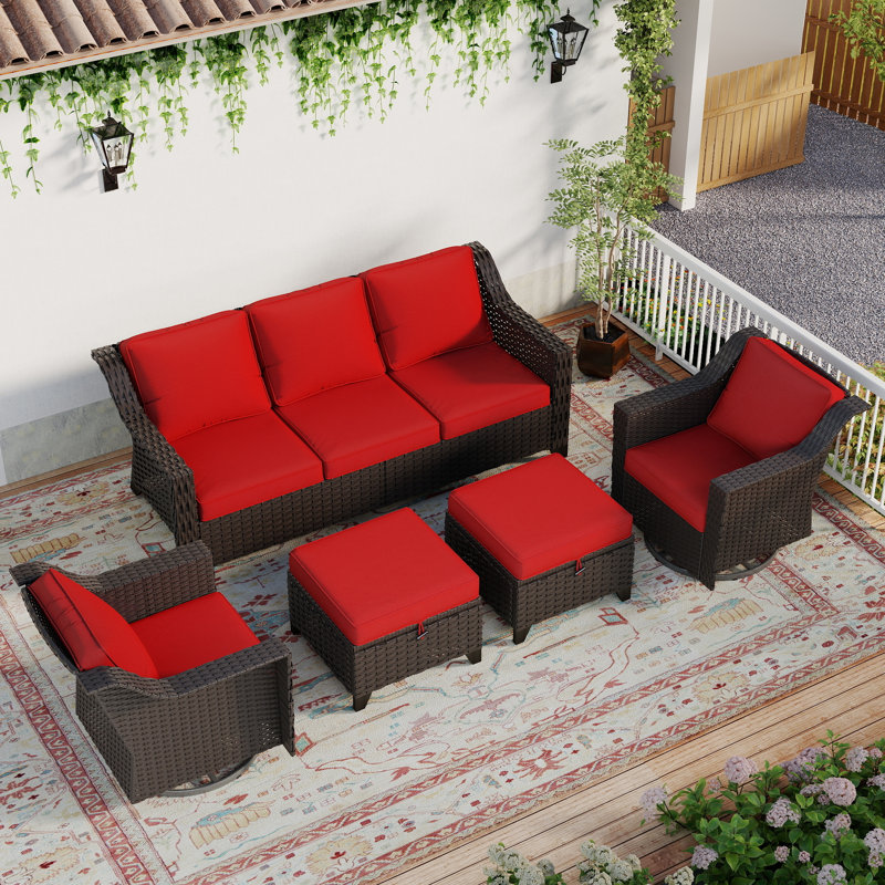 5-Piece Wicker Outdoor Conversation Set – Swivel Chairs & Storage Ottomans for Patio, Red