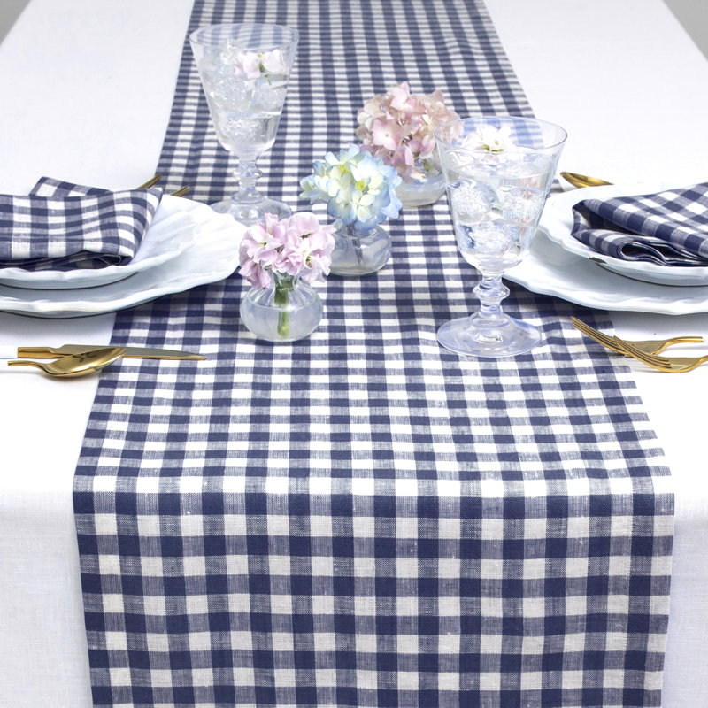 Gingham Checks - 100% Pure Linen Table Runner, Navy, 144" x 14"