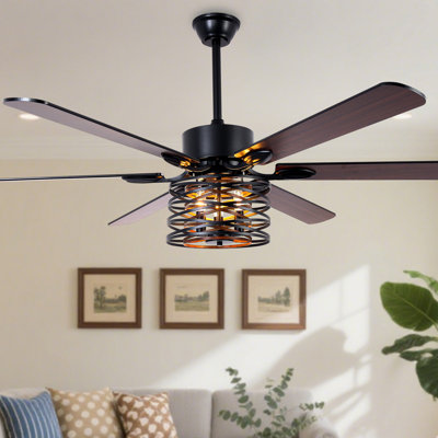 Ventilateur de plafond industriel 65 po noir avec ensemble d'éclairage et abat-jour en métal réversible à 6 vitesses pour le salon 