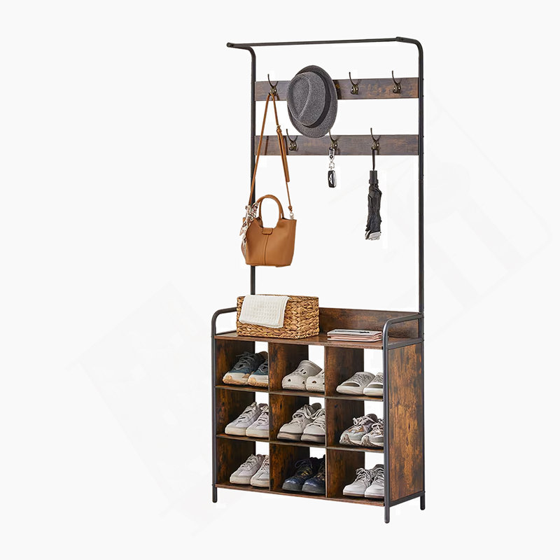 Portemanteau, portemanteau avec porte-chaussures pour le vestibule, portemanteau 3-en-1 et support de rangement, avec 7 crochets, une tringle à vêtements