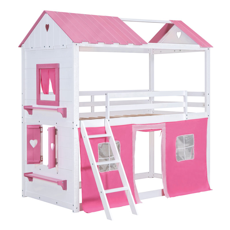 Lit simple superposé en bois simple avec fenêtres élégantes, rebords et tente, rose blanc - 81,9 po x 58,5 po x 83,1 po - bois massif MDF - lit - rose blanc - avec glissade et avec rangement