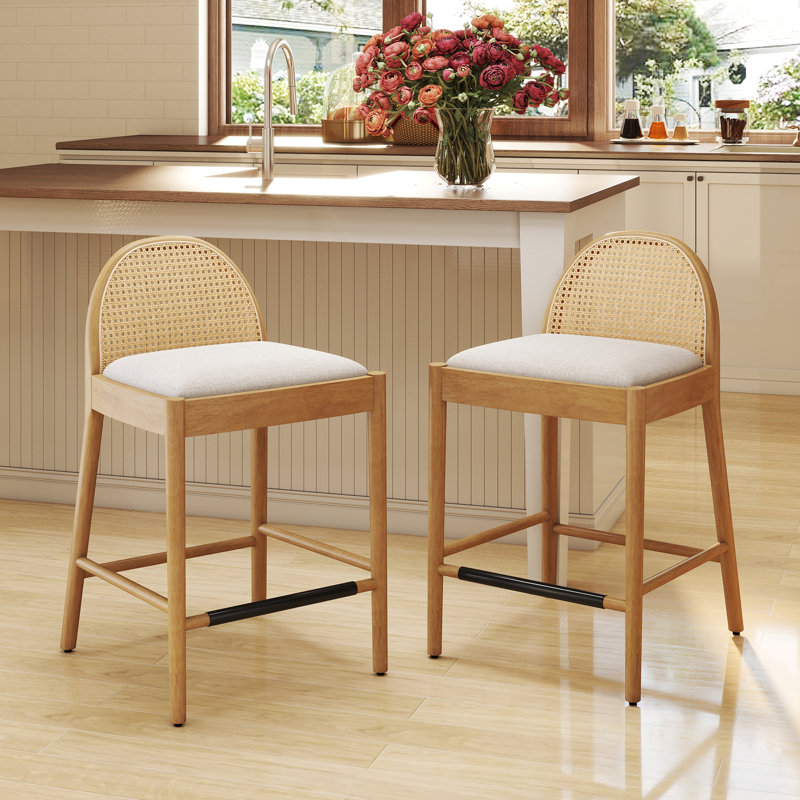 Emington Modern Stools with Rattan Backrests and Wood Frame, Beige/Nature, Counter Stool (26” Seat Height)