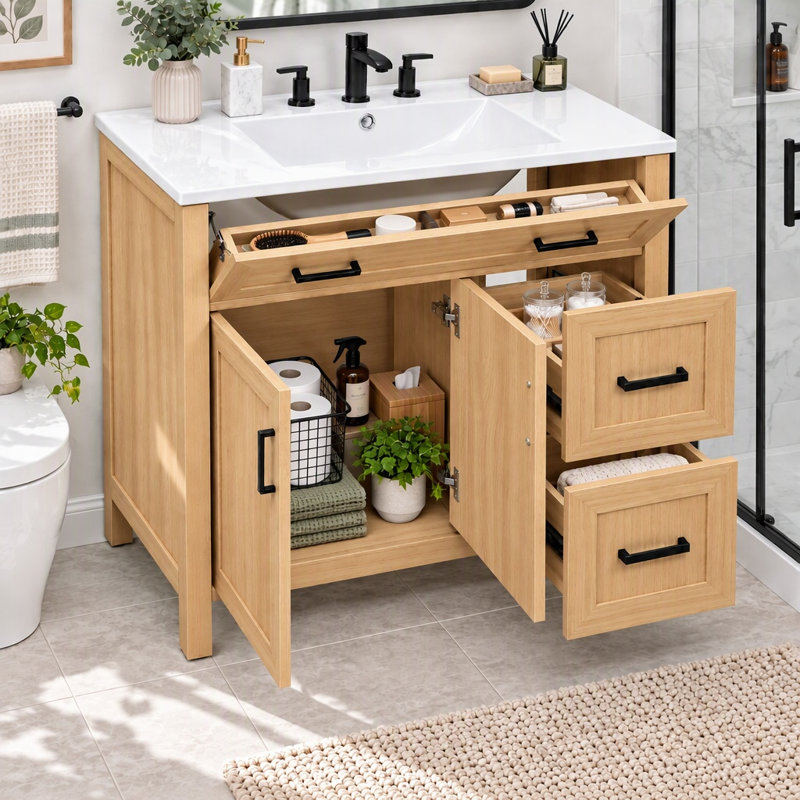 Meuble-lavabo simple 30 po avec comptoir en céramique, 36" Beige