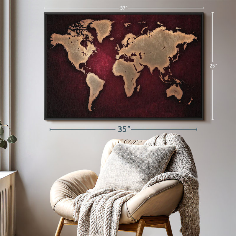 «Maroon World Map Wall Art», H 25 po x l 37 po
