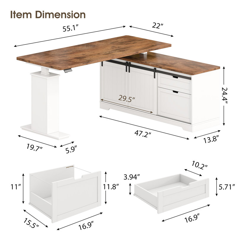  L Shaped Standing Desk with Drawers, Height Adjustable Farmhouse Executive Computer Desk, Corner Desk with Cable Management and File Storage for Home Office, White