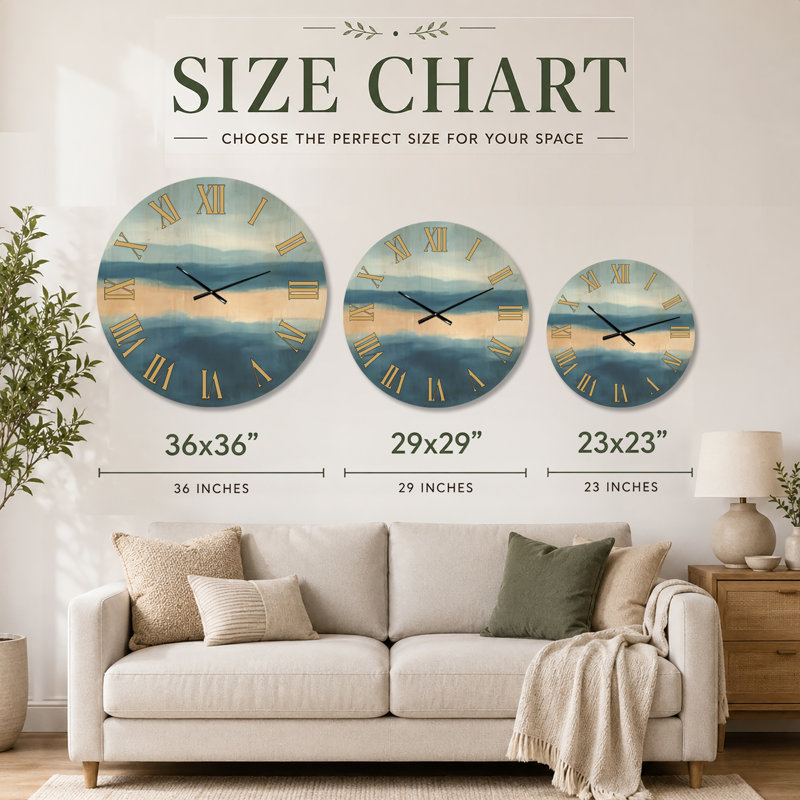 Côte bleue sereine III - Horloge murale décorative abstraite, imprimée sur bois, Medium