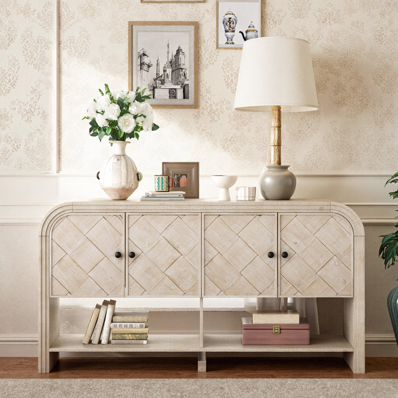 59.8 Inch Woven Wood Console Table with Solid Wood Veneer for Entryway, Hallway, and Living Room, Beige/Brown