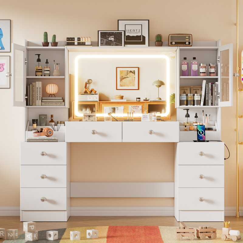 55.1" Large Vanity Desk With Mirror And Lights, Makeup Vanity With Power Outlet And 8 Drawers, White