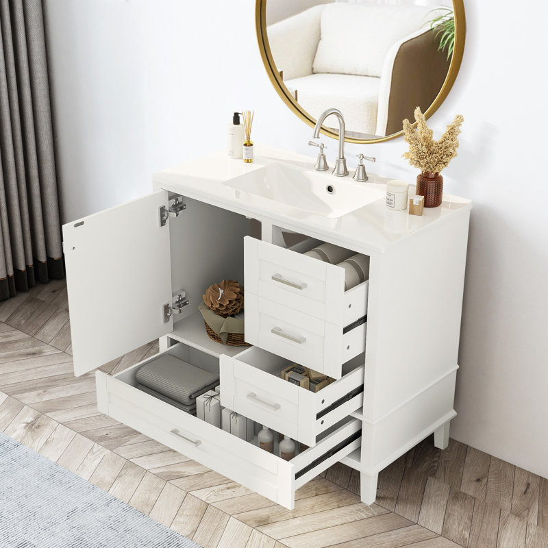 Meuble-lavabo 36 po avec cadre en pin massif et lavabo en céramique, Blanc, Argent argent