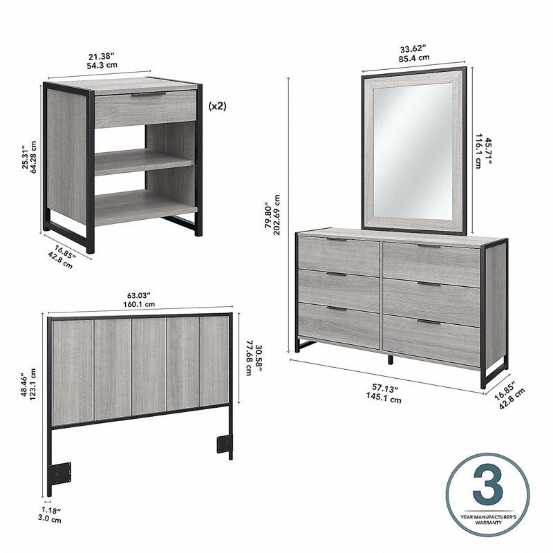 Ensemble de chambre à coucher moderne 5 pièces avec tête de lit double Spero Atria, Gris platine