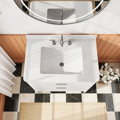 Ensemble de meuble-lavabo autoportant blanc 36 po avec 2 ensembles de poignées et plateau en marbre d'ingénierie entièrement assemblé