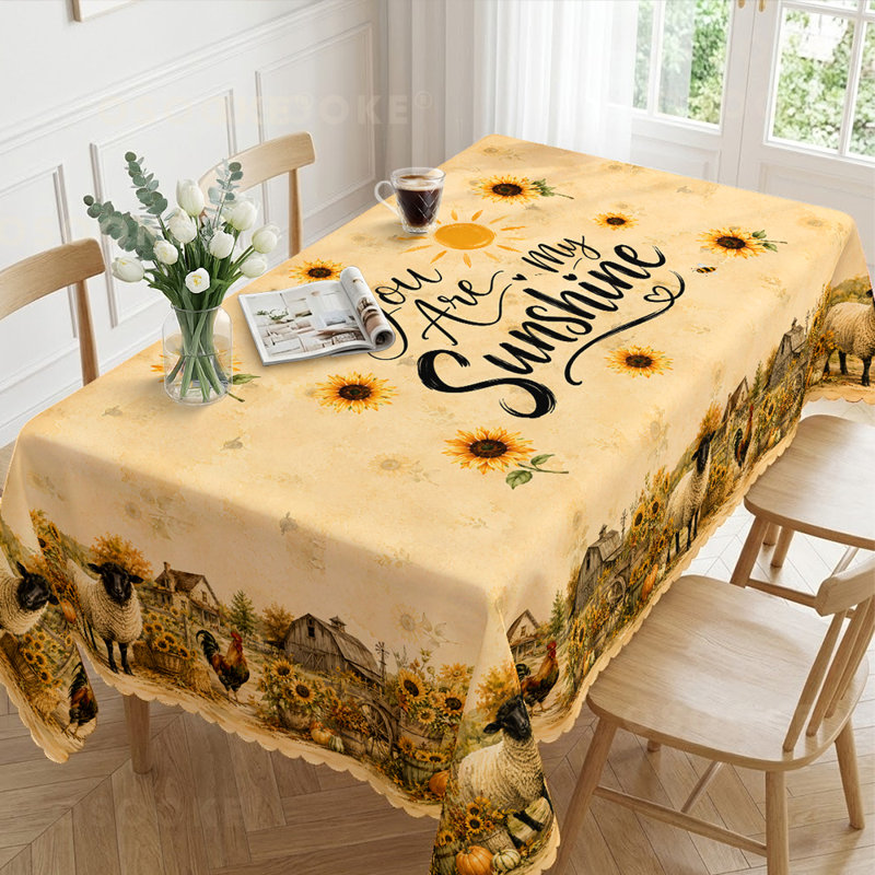 Nappe « Tournesol ensoleillé », décor rustique pour cuisine de ferme, motif floral vintage inspiré des étables à moutons et poules.