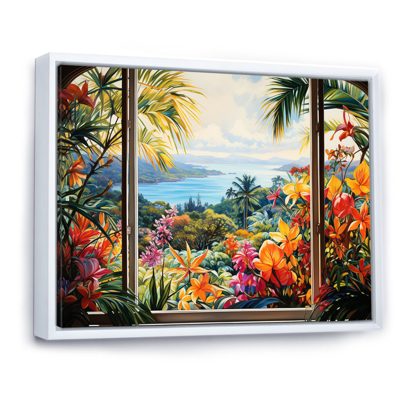 «Tropical Windows View Blooms 4 - Coastal Windows», art mural, Cadre flottant blanc, H 30 po x l 40 po x P 1,5 po