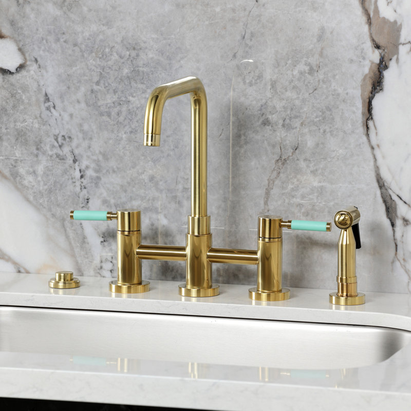 Kingston Brass Kaiser Two-Handle 4-Hole Deck Mount Bridge Kitchen Faucet with Brass Side Sprayer, Brushed Brass