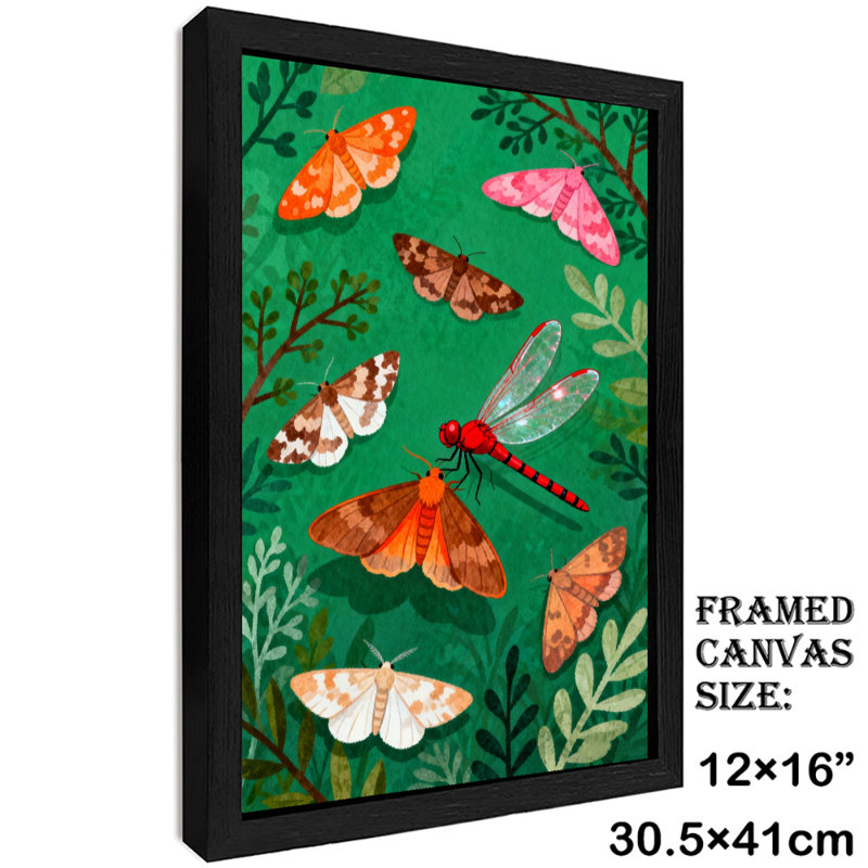 Art rétro encadré noir, plusieurs papillons et une libellule dorée habitent entre les plantes, H 17 po x l 13 po