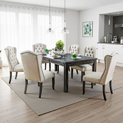 Ensemble de table de salle à manger et de fauteuils à oreilles Bega, lin beige, bois noir