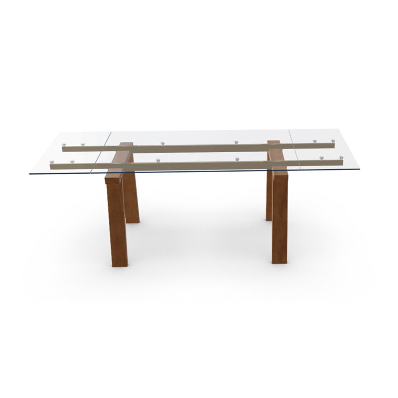 Levante Glass Extendable Table with Wooden Legs, 30"H x 55.13"L x 35.5"W, Clear/Black