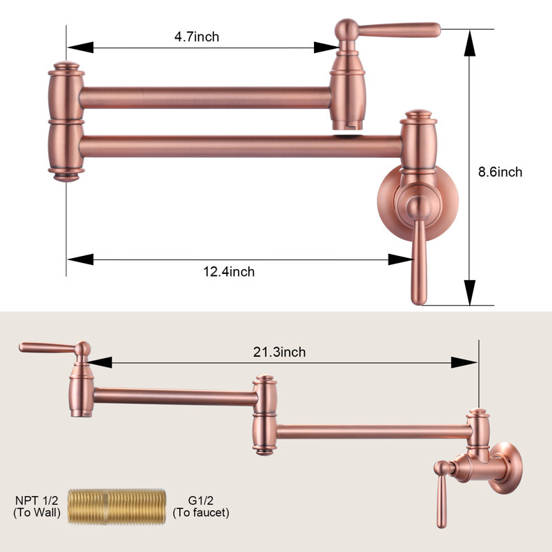 Wall Mounted Brass Pot Filler with 2 Handles, Copper