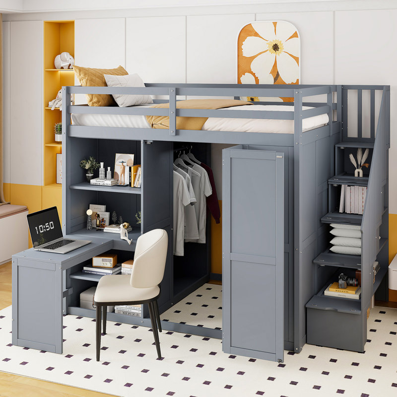 Lit mezzanine double avec garde-robe, bureau et tablettes pour une utilisation efficace de l'espace et une vie multifonctionnelle