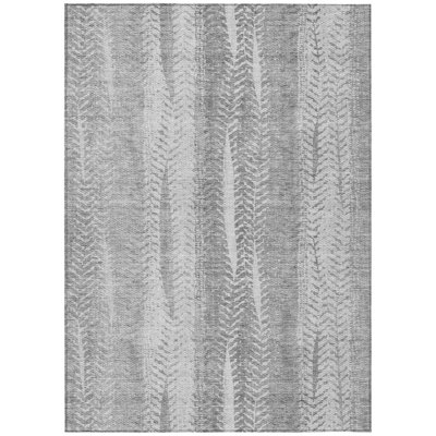10' X 14' Silver Gray And Graphite Botanical Leaves Washable Indoor Outdoor Area Rug