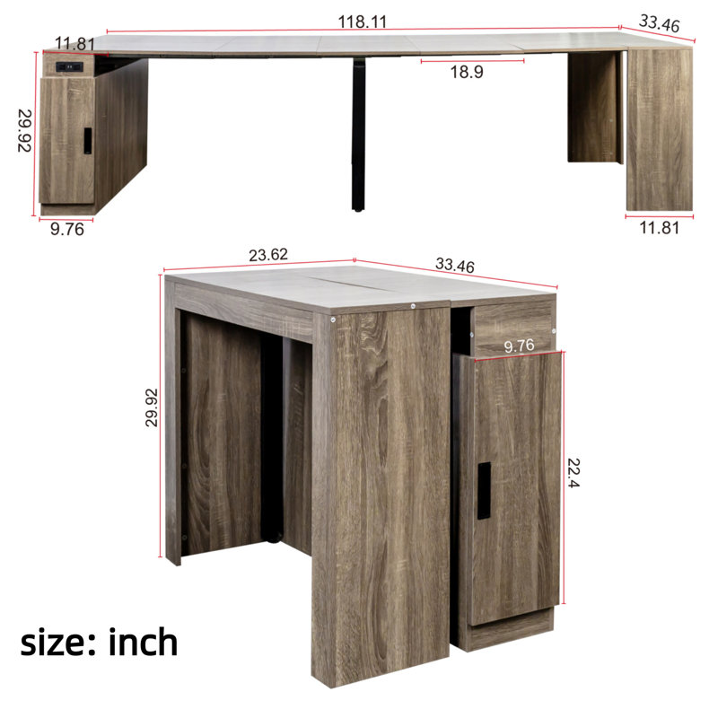118''-23.62'' Multifunctional Extendable Dining Table With Outlet, Space Saving Kitchen Table With 5 Extension Panels, Brown