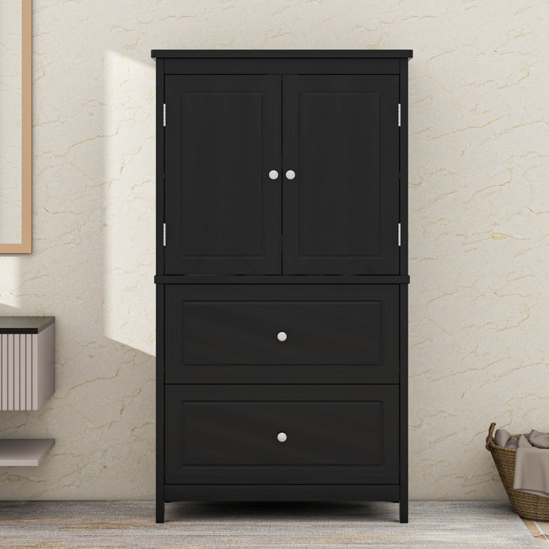 Armoire de rangement pour salle de bain avec 2 portes et tiroirs - Tablette réglable, Noir