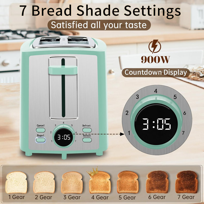 Toaster 2 Slice, Bread Toaster with LCD Display, 7 Shade Settings, 1.４'' Wide Slots 900W, Blue