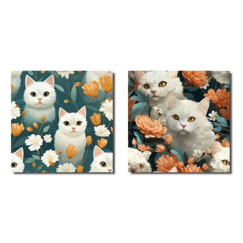 Motif de chat Blossoms bleu sarcelle et blanc pour enfant, Toile tendue, H 16 po x l 33 po