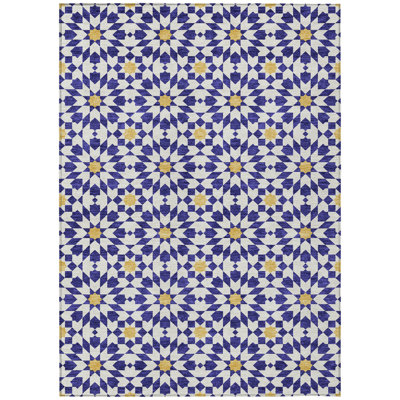 Tapis intérieur / extérieur 9 pi x 12 pi bleu marine et ivoire lavable à médaillon floral