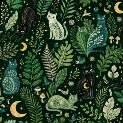 Papier peint adhésif pelez et collez Chats de la forêt verte, fée, fille, elfes, chaton, printemps, enfant, noir, papier contact amovible et adhésif mural pour armoires de cuisine de chambre à coucher