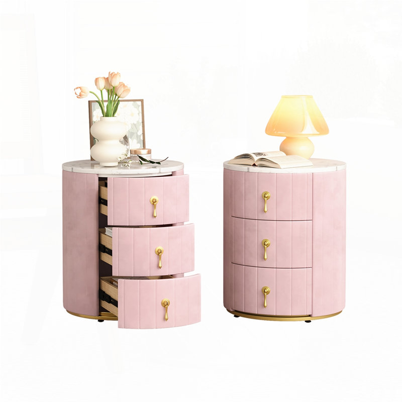 Upholstered Nightstand with 3 Drawers, Individual, Pink