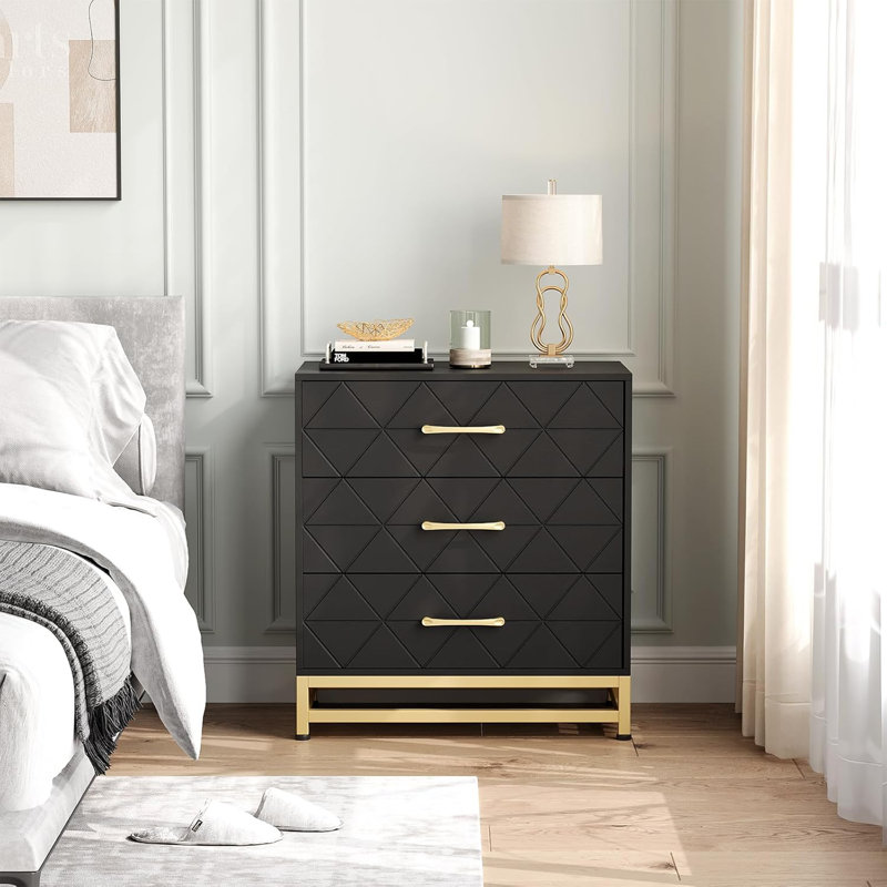 Commode 3 tiroirs pour la chambre à coucher, commode en bois moderne avec rangement, commode large à poignées en métal, commodes en bois, noir