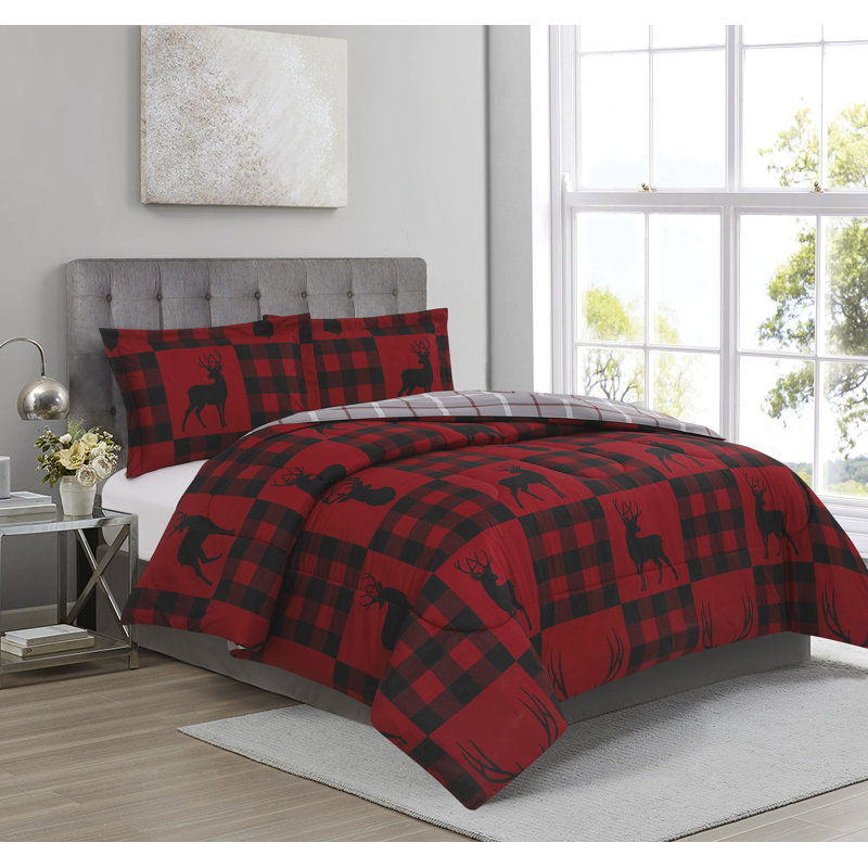 Édredon en microfibre hypoallergénique rouge / noir, Édredon très grand + 2 taies décoratives très