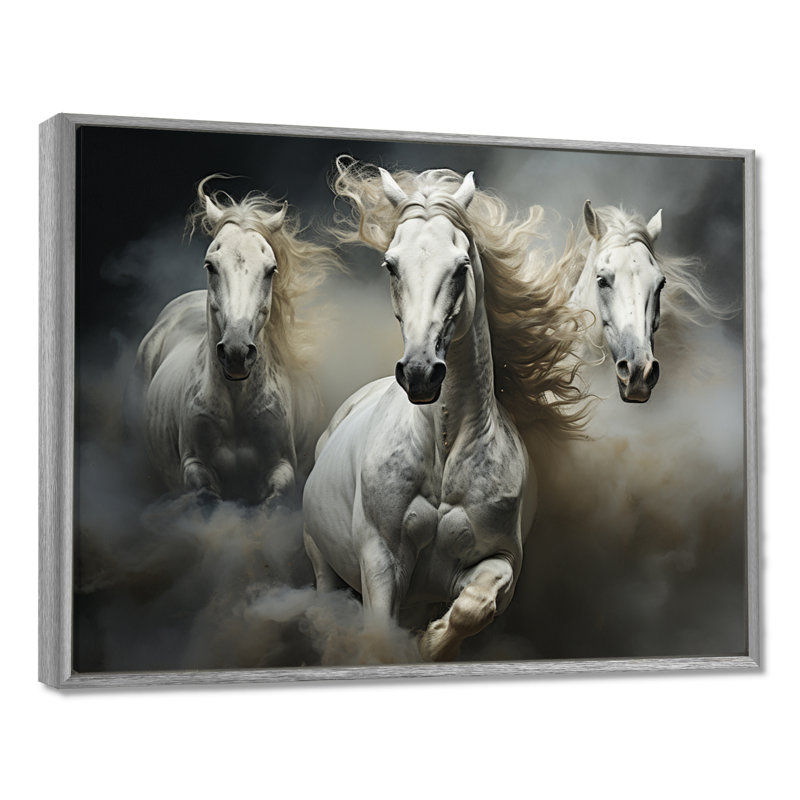 «White Beige Horse Equine Harmony», reproduction d'art sur toile encadrée, H 30 po x l 40 po, Encadrement argenté