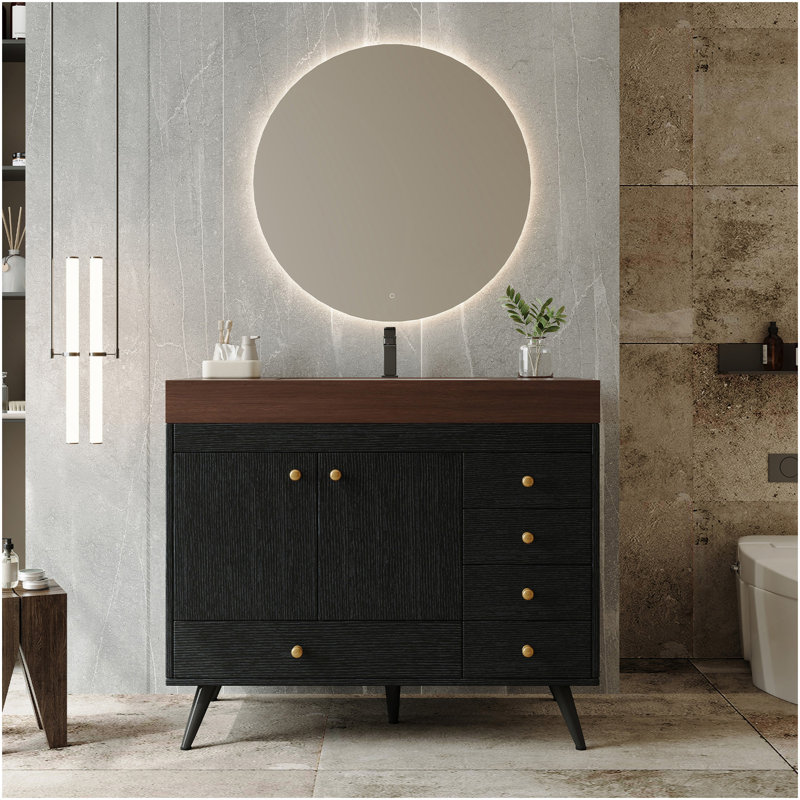 36" Freestanding Bathroom Vanity With Faux Marble Top, Ceramic Sink, 5 Drawers & Stainless Steel Legs, Black, Walnut